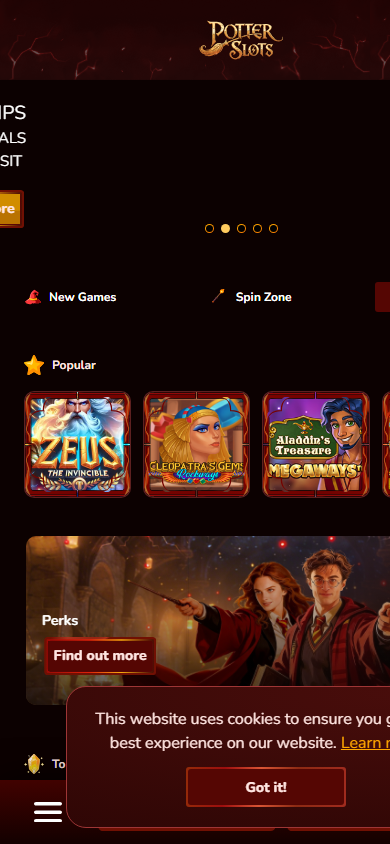 Potter Slots mobile lobby showing the logo, new games, spin zone and cookie notification